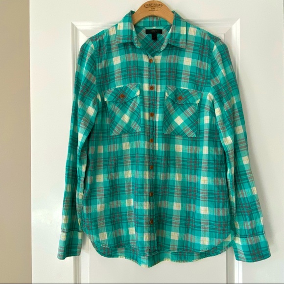 J. Crew Tops - J Crew Aqua "Emerald Plaid Boyfriend Shirt" Button-Front Blouse + MEASUREMENTS!